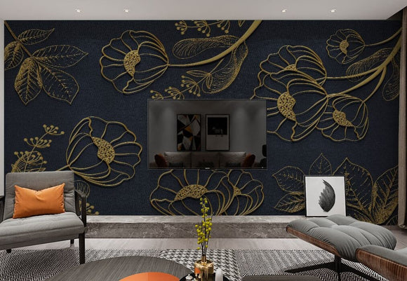 Modern dark blue and gold floral wallpaper peel and stick wall mural, flower wall decals vinyl, canvas dark floral wallpaper