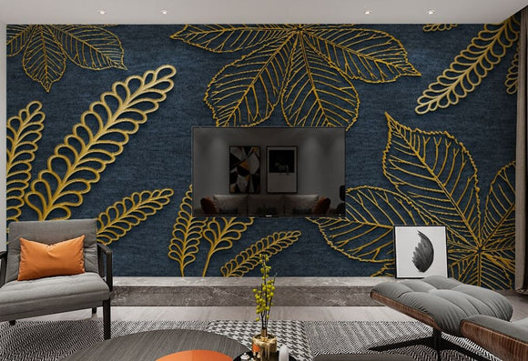 Large leaves wallpaper peel and stick wall mural, modern blue and gold vinyl, canvas dark floral wallpaper