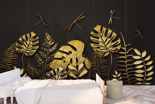 Monstera wall mural peel and stick, gold and brown wallpaper, tropical wallpaper, modern leaf wallpaper, vinyl wallpaper, canvas wallpaper