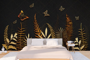 Ggold and black wallpaper peel and stick wall mural, floral and butterfly wallpaper, modern leaf vinyl, canvas wallpaper