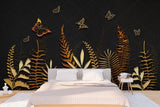 Ggold and black wallpaper peel and stick wall mural, floral and butterfly wallpaper, modern leaf vinyl, canvas wallpaper
