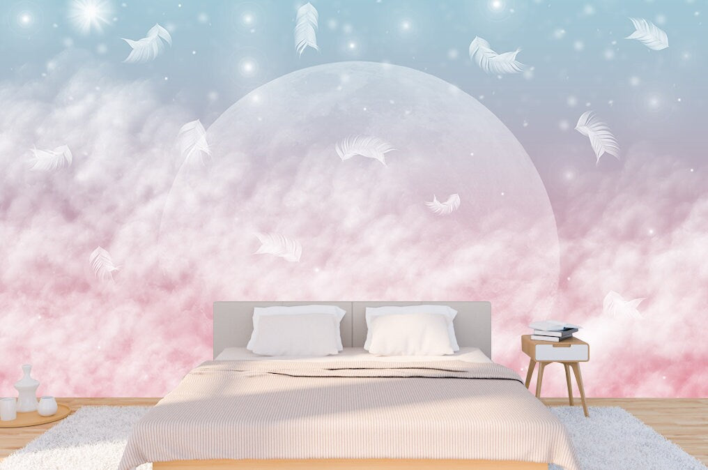 Clouds moon wallpaper for nursery, girls room wallpaper, feather wallpaper peel and stick wall mural, canvas, vinyl wallpaper