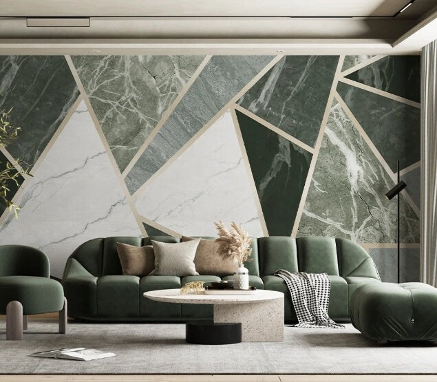 Green marble wallpaper peel and stick wall mural, Art deco geometric wall decal prints, abstract wallpaper