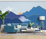 Foggy hills wall mural sticker, blue peel and stick wallpaper, abstract wallpaper, modern mountain vinyl mural, canvas wallpaper