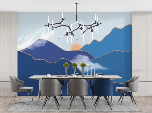 Foggy hills wall mural sticker, blue peel and stick wallpaper, abstract wallpaper, modern mountain vinyl mural, canvas wallpaper