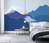 Foggy hills wall mural sticker, blue peel and stick wallpaper, abstract wallpaper, modern mountain vinyl mural, canvas wallpaper