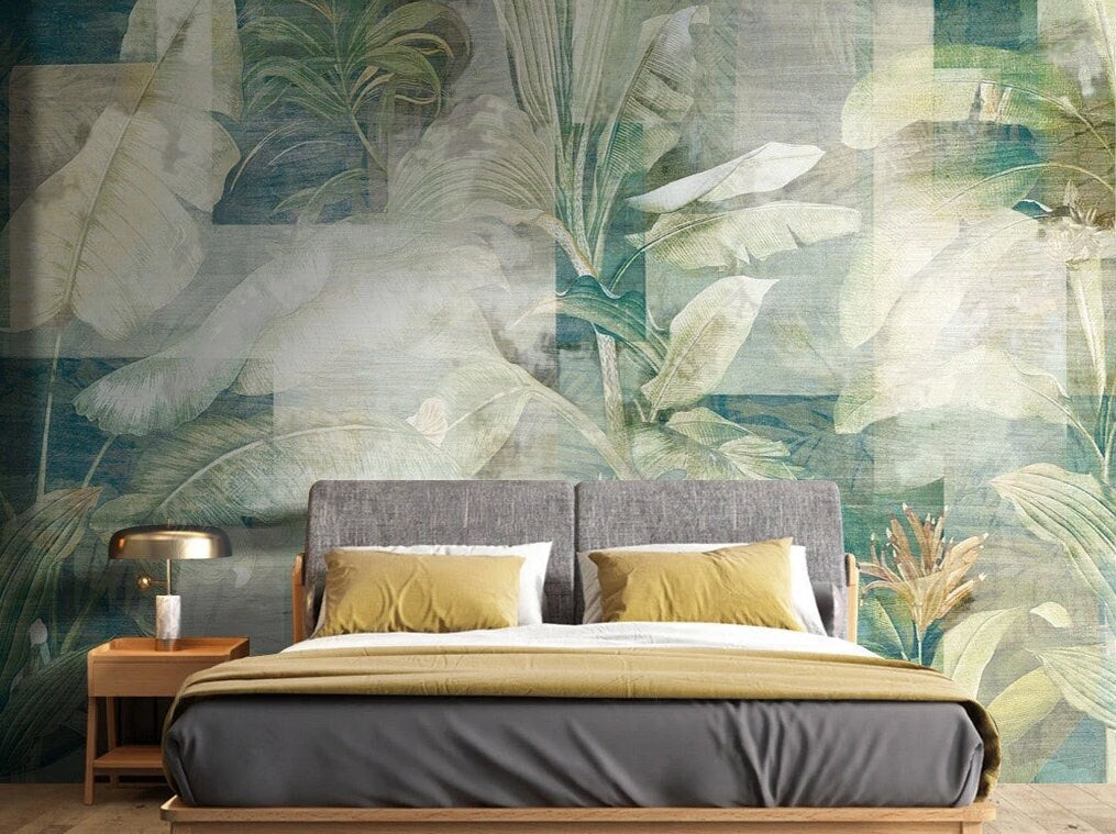 Tropical leaf wallpaper peel and stick wall mural, vinyl wallpaper, modern botanical wallpaper, banana leaf mural