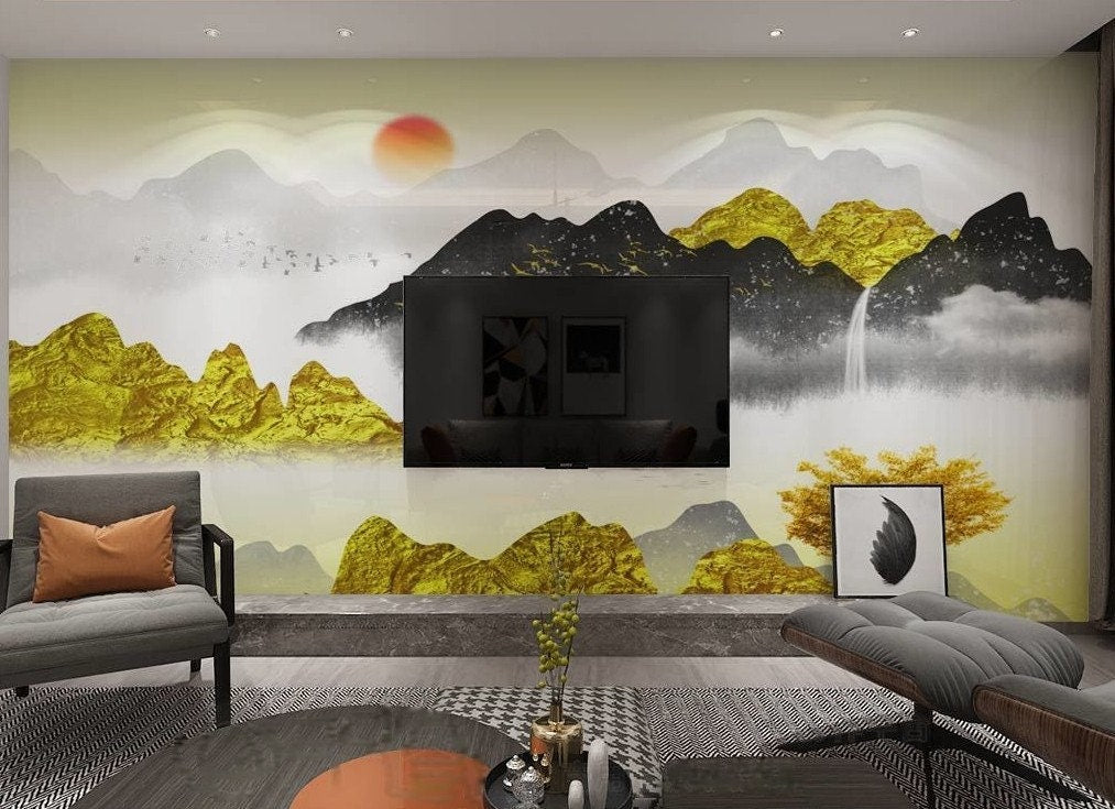 Gold mountain wallpaper peel and stick wall mural prints, japanese wallpaper, asian wallpaper, bedroom, living room wall decor