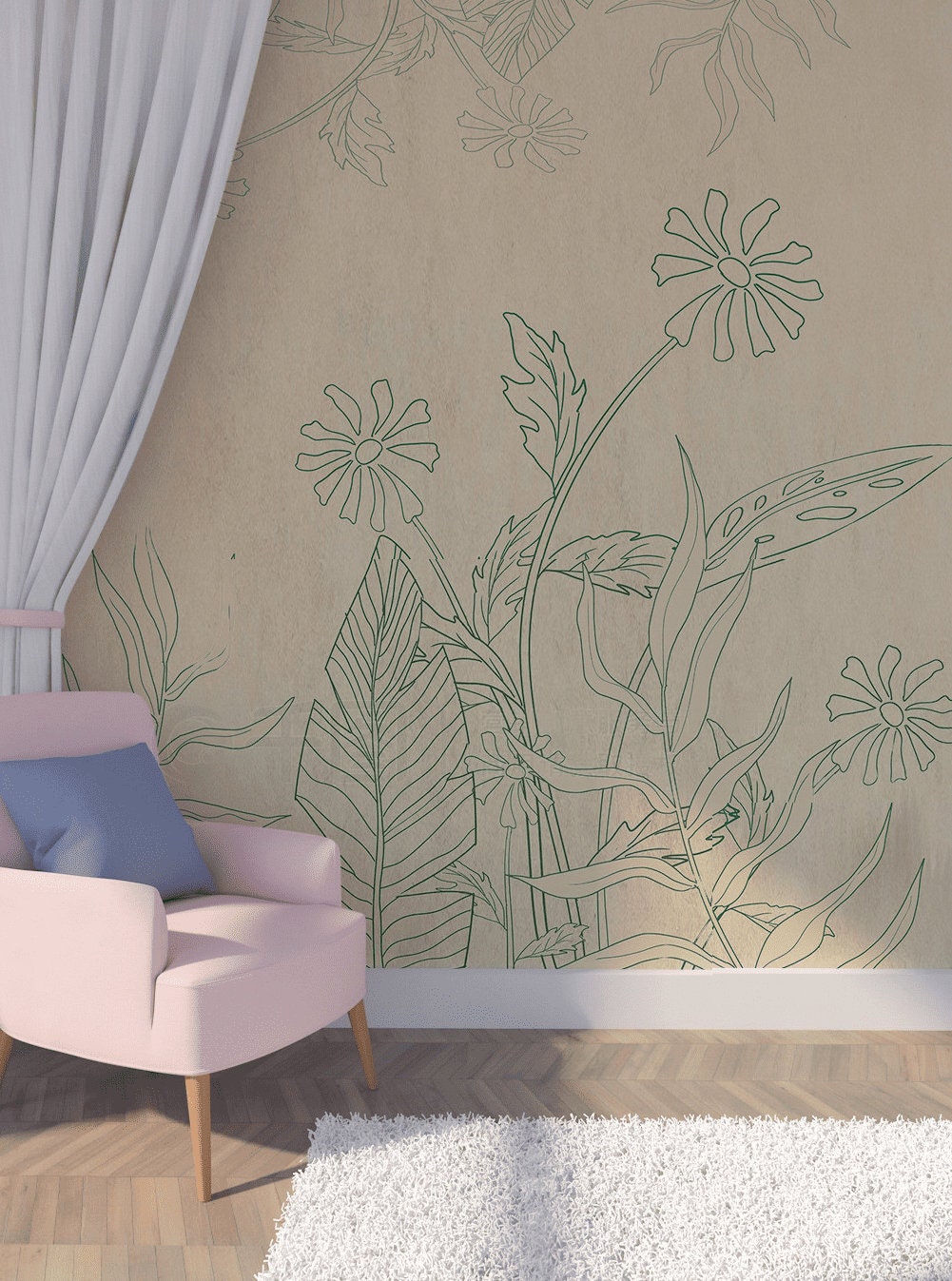 Herb wallpaper peel and stick wall mural, leaf wallpaper, mural leaves, removable wallpaper, bedroom wall decoration