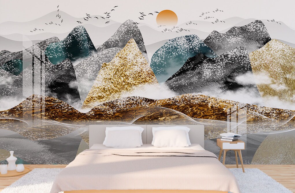 Mountains wallpaper peel and stick wall mural, mountain wall sticker nature wall covering removable, self adhesive