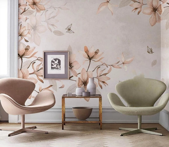 Magnolia wallpaper peel and stick wall mural, floral self adhesive wallpaper, flower wall decals, botanical removable wallpaper