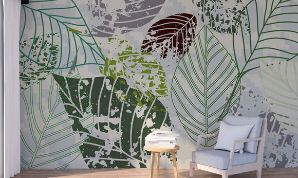Mural leaves, large floral wallpaper, peel and stick wall mural, removable wallpaper, bedroom wall decoration, large leaves mural