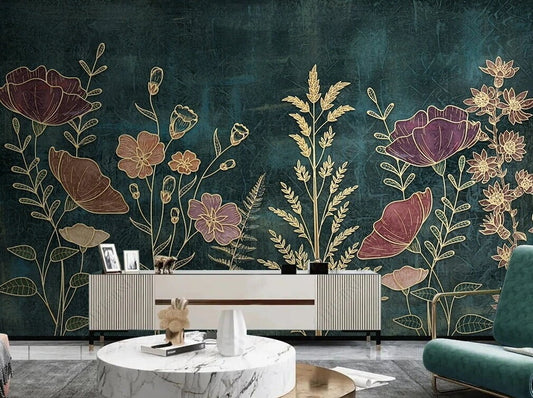Flowers wallpaper, wildflowers wallpaper, floral peel and stick, vinyl, canvas wallpaper, flower wall mural, adhesive wallpaper botanical