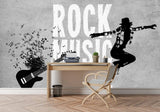 Rock music peel and stick wall decoration, man and guitar in white-black colors, big rock music wall mural, removable rock music wallpaper