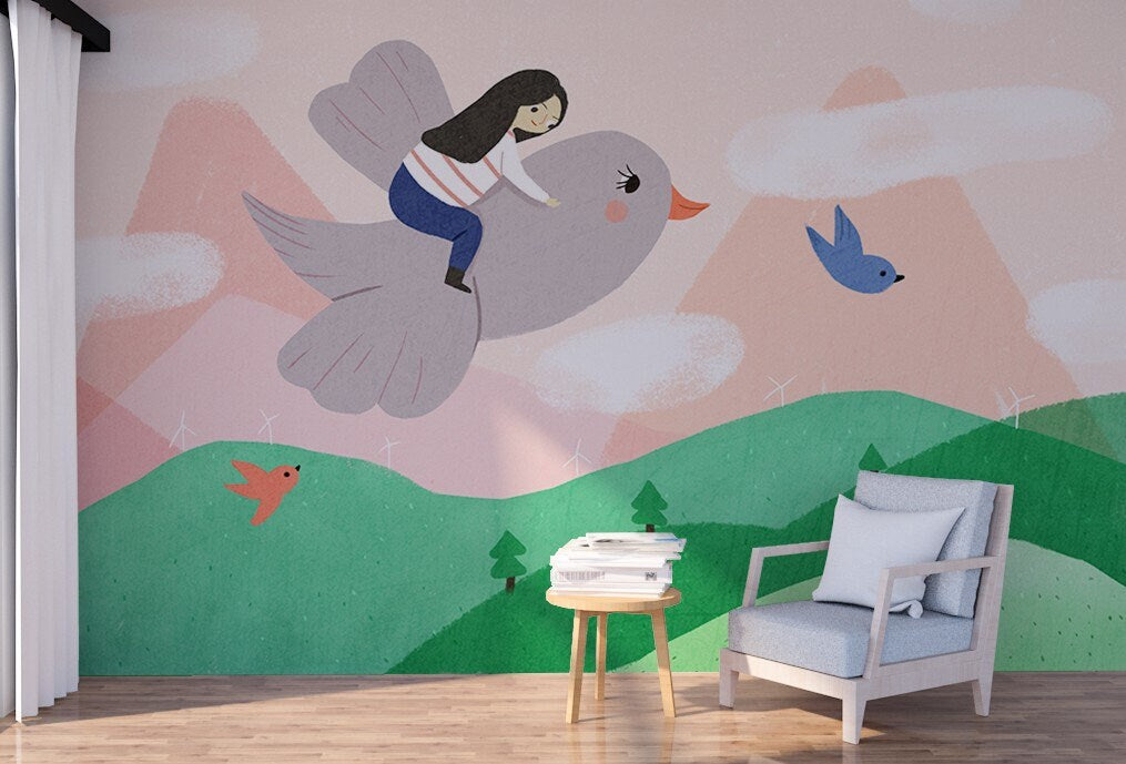 Nursery pastel wallpaper, temporary play room wall décor with girl on bird, self adhesive green and pink kids removable mural