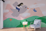 Nursery pastel wallpaper, temporary play room wall décor with girl on bird, self adhesive green and pink kids removable mural