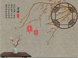 Abstract peel&stick sakura blossoms Japanese wallpaper, self adhesive Asian gray colors mural with hieroglyphs, removable vinyl wall decal