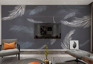 Peel and stick abstract removable wallpaper in grey colors with feathers, modern self adhesive wall mural, temporary vinyl or canvas mural