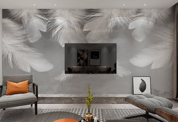 Modern gray peel and stick mural, self adhesive removable wallpaper with bird feathers in white and grey colors, temporary vinyl wallpaper