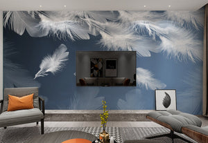 Blue and white modern peel stick mural, removable self adhesive feather wallpaper, accentual canvas wallpaper with abstract bird feathers