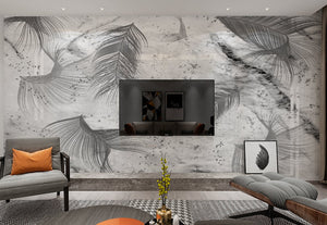 Modern black white marble peel and stick wallpaper, self adhesive removable wall mural with bird feathers on gray marble, vinyl wallpaper