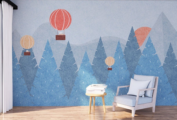 Nursery peel and stick wallpaper, watercolor baloon art, big forest wall mural, teddybear and baloon vinyl wall removable decoration
