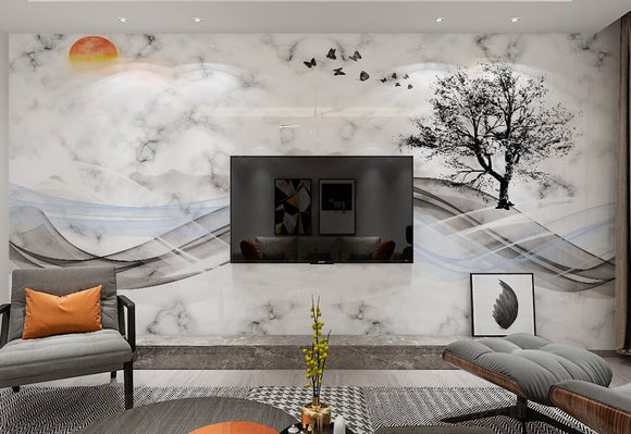 Original marble self adhesive mural with abstract landscape and waves in grey colors, modern abstract removadle peel and stick wallpaper
