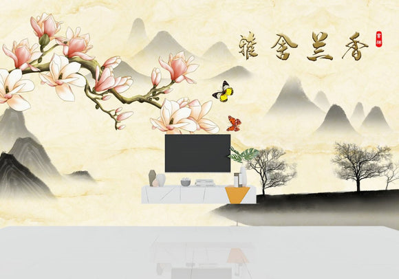 Sakura blossoms Japanese wallpaper, peel&stick floral temporary wall decor, Chinoiserie self adhesive vinyl mural, botanical canvas mural