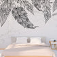 Large modern black white peel and stick wallpaper, self adhesive removable wall mural with abstract bird feathers on gray marble
