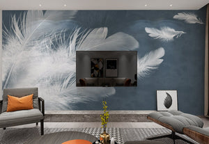 Modern abstract peel stick wallpaper, removable self adhesive mural with bird feather in white and grey colors, temporary vinyl wallpaper