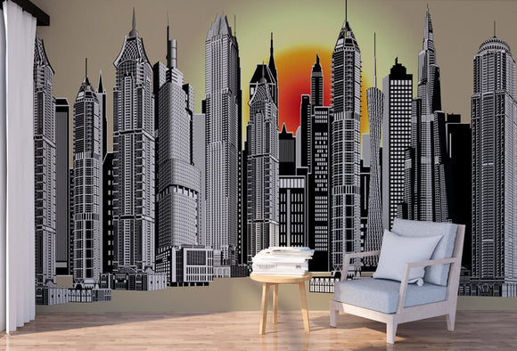 Cityscape peel and stick wall mural, self adhesive canvas city architecture wallpaper, temporary vinyl wall decal, accentual wallpaper