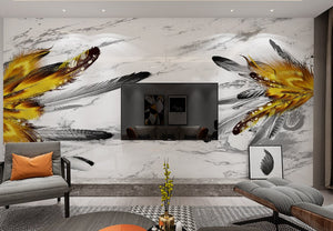 Abstract peel stick wallpaper with bird feathers, large marble canvas wall mural, bright feathers temporary vinyl wallpaper, remuvable mural
