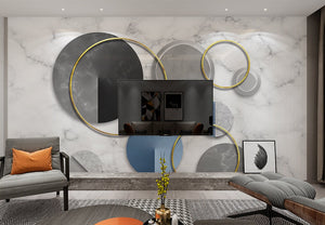 Large marble self adhesive wall mural, gold circles removable canvas wall decal, white marble geometrical photo wallpaper, vinyl wallpaper
