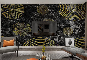 Abstract black gold peel and stick wallpaper, temporary canvas accentual wallpaper with circles, modern self adhesive mural, vinyl mural