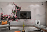 Large oriental peel stick wallpaper, self adhesive removable Asian wall decal, accentual floral canvas wallpaper, modern sakura vinyl mural