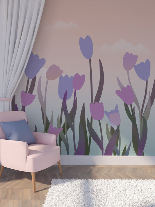 Painted tulips peel and stick photo wallpaper, pink self adhesive wall mural, temporary nursery floral walpaper, accentual canvas wallpaper