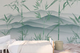Bamboo pell and stick wall mural, self adhesive tropical wallpaper, accentual landscape wall decal, removable green mountains wallpaper
