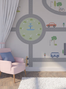 Nursery peel and stick wall mural with motorway, self adhesive baby boy wallpaper, accentual kids photo mural, temporary mural with cars