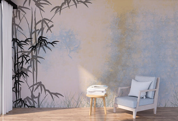 Extra large tropical self adhesive wallpaper, temporary light blue peel and stick wall mural, accentual canvas bamboo photo wallpaper