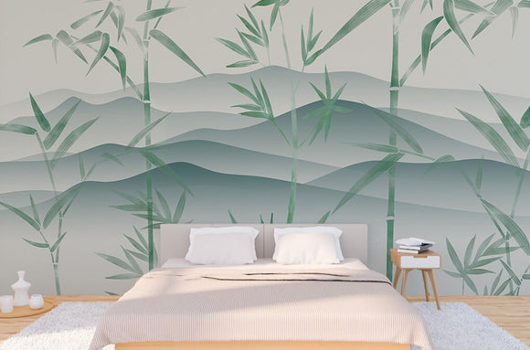 Bamboo pell and stick wall mural, self adhesive tropical wallpaper, accentual landscape wall decal, removable green mountains wallpaper