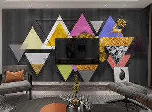 Giant geometrical peel stick wall mural, abstract self adhesive wallpaper, colorful accentual wall decal, canvas wall mural with triangles