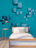 Large 3D peel and stick wallpaper, geometrical self adhesive wall mural, accentual removable blue photo mural, volumetric squares wallpaper