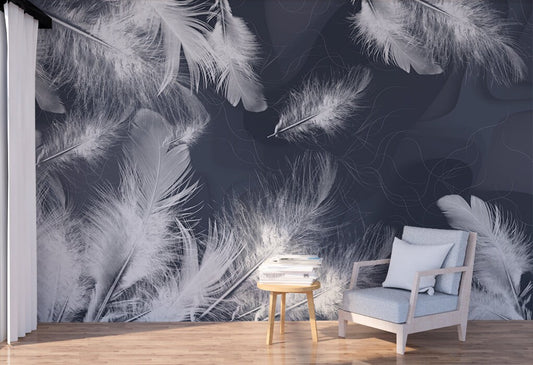 Feathers peel and stick wallpaper, blue white self adhesive wall mural, extra large accentual wallpaper, temporary bedroom wall decal