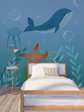 Nursery self adhesive wallpaper, large whale peel and stick wall mural, accentual baby boy wall decal, marine canvas wallpaper for bedroom