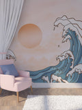 Wave wallpaper peel and stick, giant nursery self adhesive wall mural, accentual blue orange photo mural, seascape bedroom wall decal