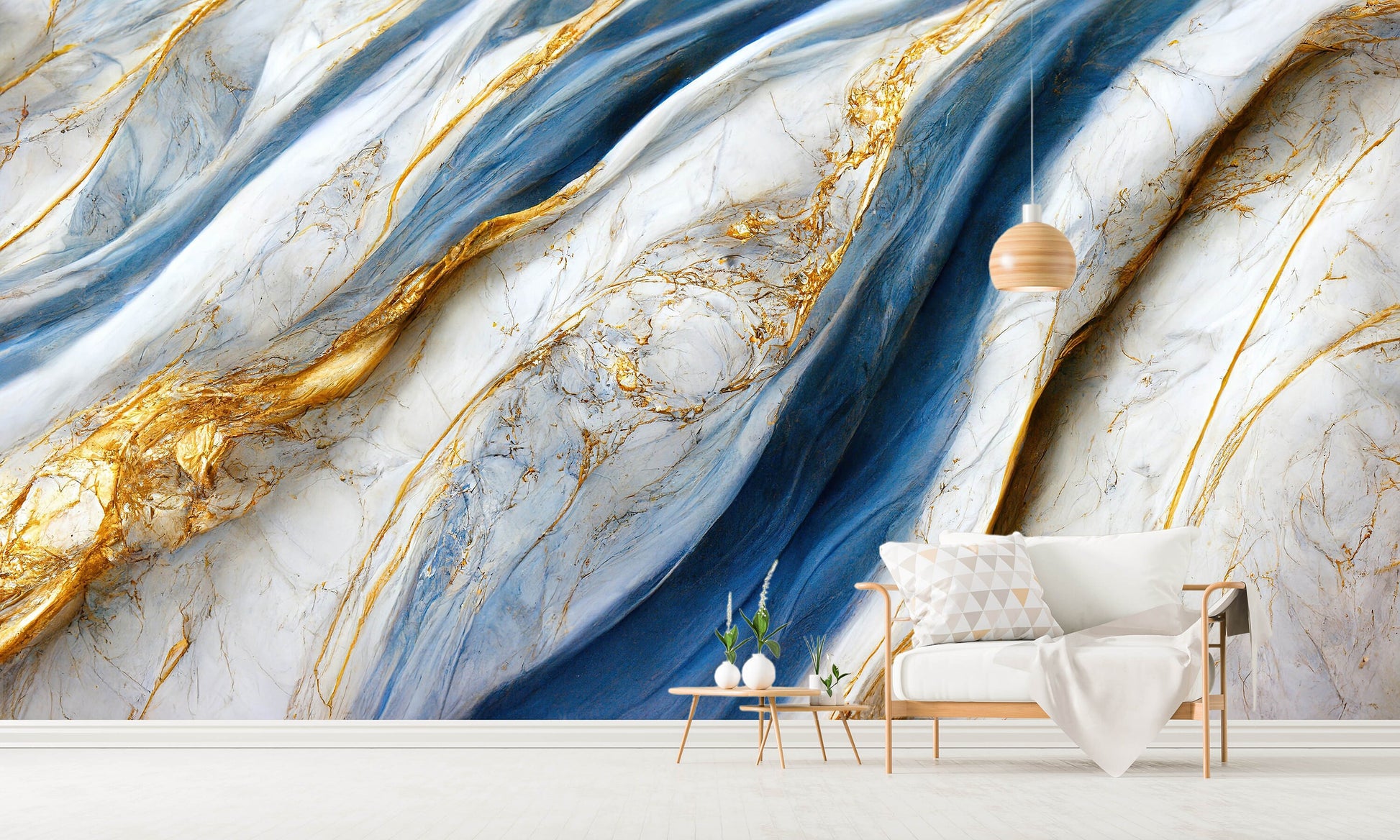 Extra large marble peel and stick wall mural, abstract self adhesive photo wallpaper, accentual white blue walpaper, removable bedroom mural