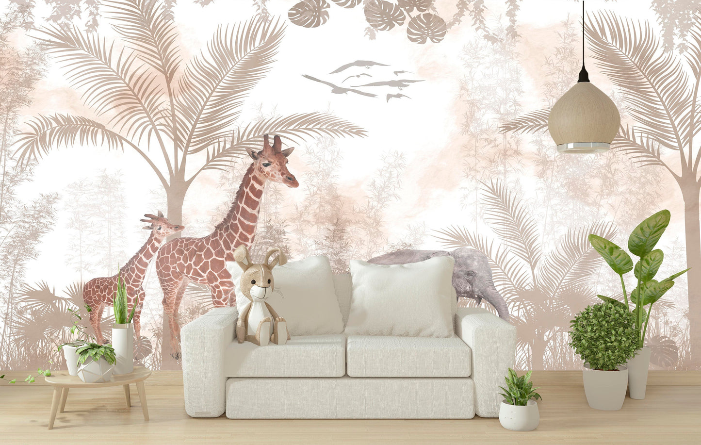 Tropical peel and stick wallpaper, large self adhesive nursery wall mural, accentual botanical kids photomural, removable animals wallpaper