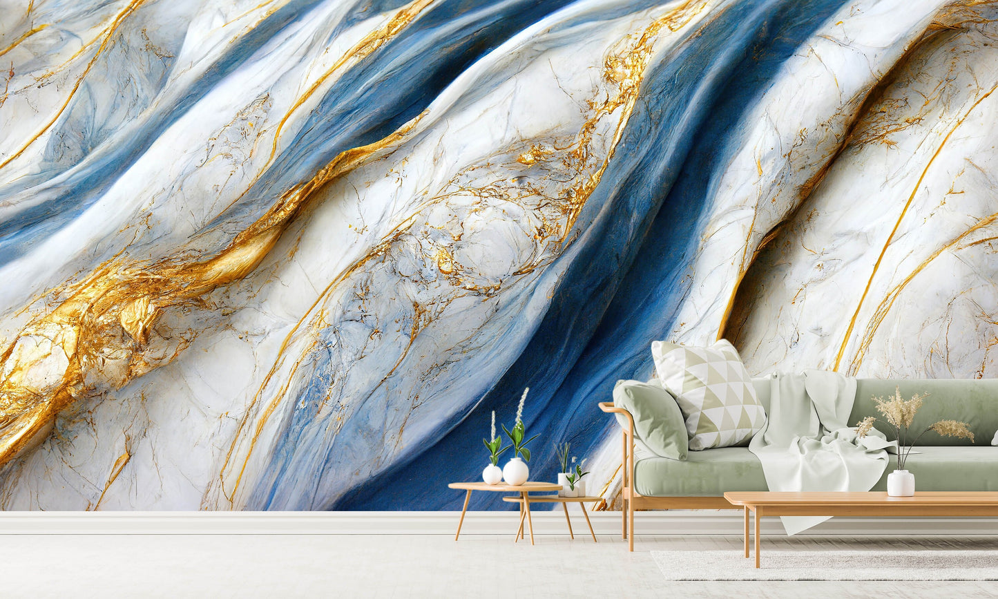 Extra large marble peel and stick wall mural, abstract self adhesive photo wallpaper, accentual white blue walpaper, removable bedroom mural