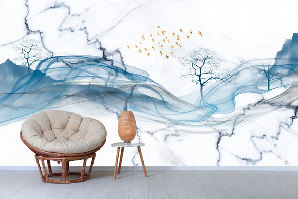 Blue wave self adhesive wallpaper, large abstract peel and stick wall mural, accentuall marble photo wallpaper, removable wallcovering