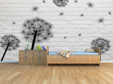Large floral peel and stick wallpaper, black white self adhesive wall mural, accentual loft wall decal, removable dandelion wallcovering